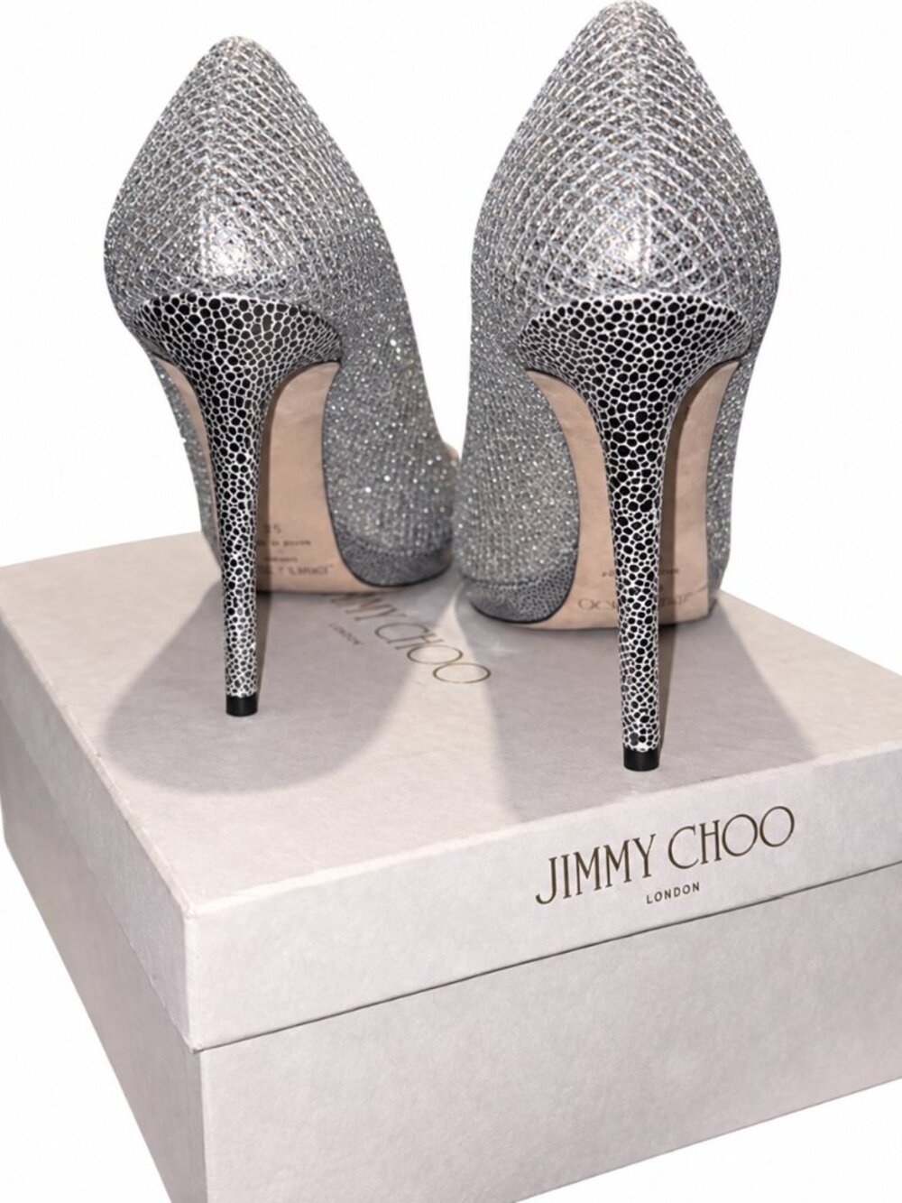 Jimmy Choo Silver Glitter Peep Toe Platform Stiletto Pumps Size 40 Italy